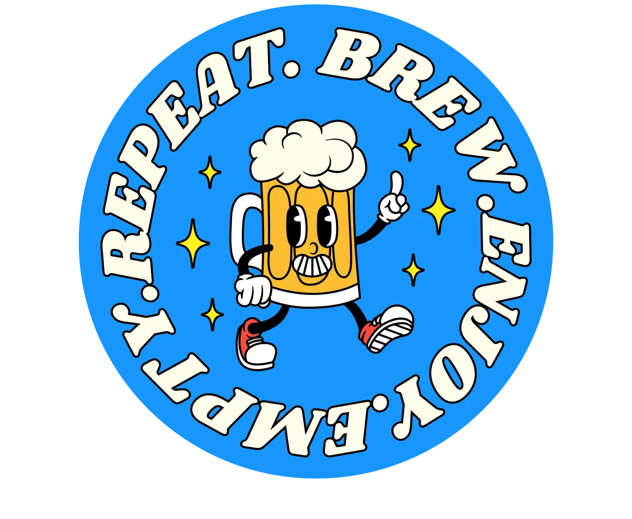 Cartoon badge that says Brew Enjoy Repeat